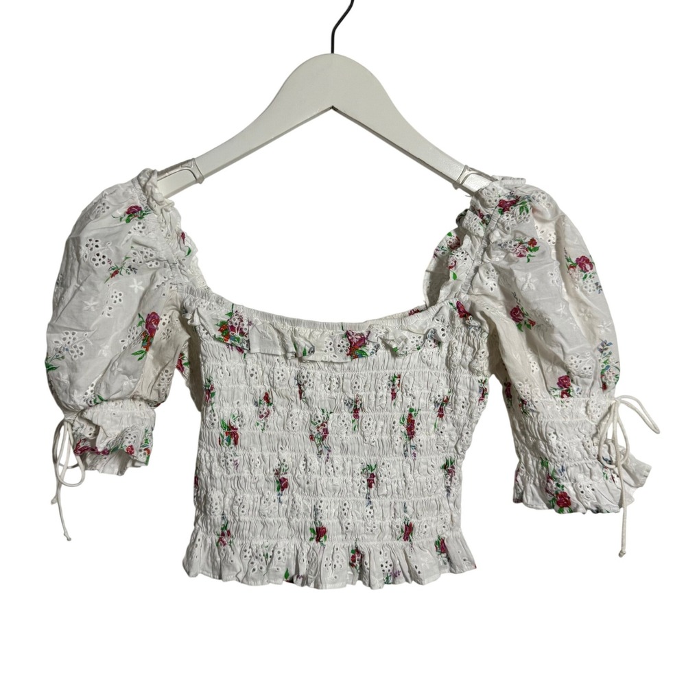 For Love & Lemons Floral Eyelet Smocked Puff Sleeve Crop Top White XS Cottage